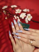 Ongles en acrylique en forme d'amande à presser, motif dragon azur peint à la main, strass rouges, base transparente irisée, personnalisable