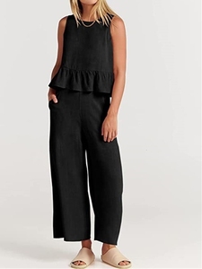 Completo Casual Estivo 2026 da <span class=keywords><strong>Donna</strong></span>: Gilet Senza Maniche e <span class=keywords><strong>Pantaloni</strong></span> a Gamba Larga a Tre Quarti, Stile Europeo e Americano - Product Image 2