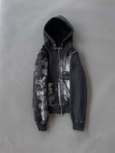 Sudaderas con capucha para hombre, personalizadas al por mayor, de algodón polar, estilo streetwear grunge, con mangas desmontables, gráfico facial, con tachuelas y múltiples cremalleras - Product Image 3