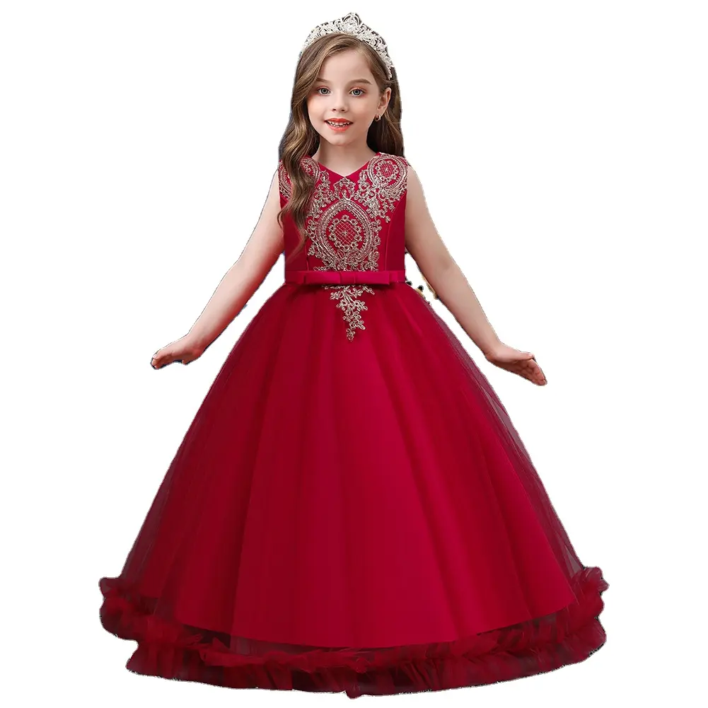 3-12 Years Red Kids Girls Princess Wedding Dress Embroidered Gown for Girls Multilayer Big Girl Dresses for Birthday Party