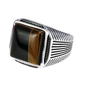Cincin perak Sterling 925 pria, perhiasan cincin pria mata harimau pola garis batu alami keren Retro Punk kustom - Product Image 1