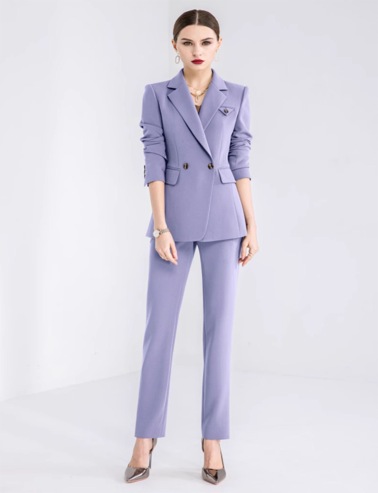 Customizable 2-Piece Purple Woven Dress Trousers Set for Women Formal Office Wear Ladies Suits Button Short for Spring/Summer