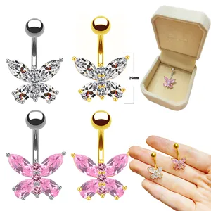 Gaby lindo ombligo anillos ombligo piercing mariposa Rosa ombligo joyería de acero quirúrgico al por mayor pendientes de acero inoxidable