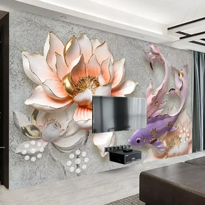 <span class=keywords><strong>Papier</strong></span> <span class=keywords><strong>peint</strong></span> mural 3D de luxe personnalisé avec photo, motif Lotus Poisson en relief stéréo, grande <span class=keywords><strong>peinture</strong></span> murale moderne pour salon, autocollant mural à décoller et à coller - Product Image 2