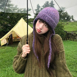 Bonnet en laine mélangée violet fumé avec protège-oreilles, coupe-vent, style aviateur pour femme, automne 2024 - Product Image 2