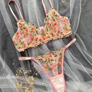 Conjunto de Lencería Sexy de Encaje Transparente con Bordado Floral, Estilo Otoñal, Producto en Oferta - Product Image 1