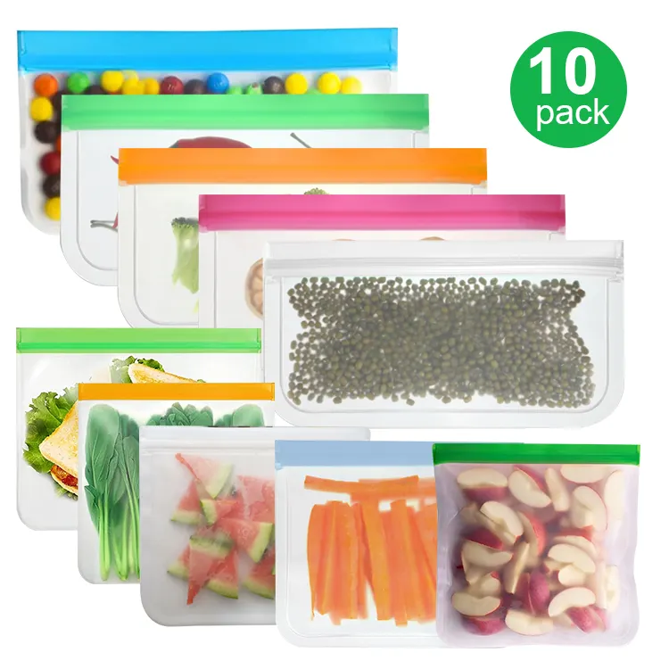 OEM 10 Pack Lunch Bag for Salad Fruit Leakproof Freezer PEVA Zip Lock Reusable Food Storage Bags