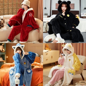Nuevo Conjunto de <span class=keywords><strong>Pijama</strong></span> de Mujer Estilo Coreano, con Gorro de Felpa Grueso con Banda Elástica, Diseño de Dibujos Animados, Top de Manga Larga y Pantalones Largos - Product Image 3