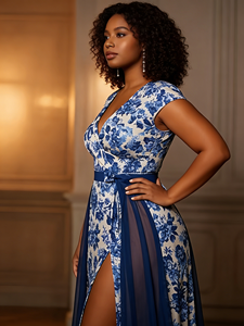 Vestido Maxi Vintage de Porcelana Azul y Blanca para Mujer |   Conjunto Casual de Verano, Natural, Elegante, Holgado, de Cintura Alta, Tejido y Fluido - Product Image 1