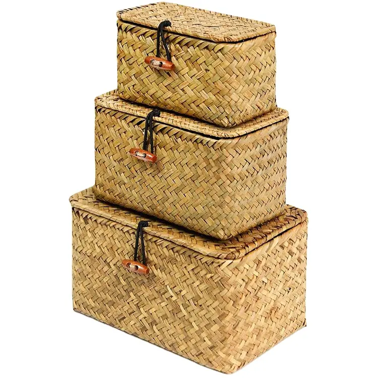 Custom Home Bath Cosmetic Towel Organization Handicraft Handmade Seaweed Finishing Storage Box Woven Seagrass Basket With Lid