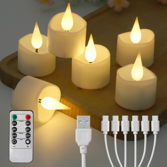 Set of 6 Led Tea Lights Candle USB Rechargeable Remote Control Flameless Realistic Bright Plastic Mini Candles LED Tea