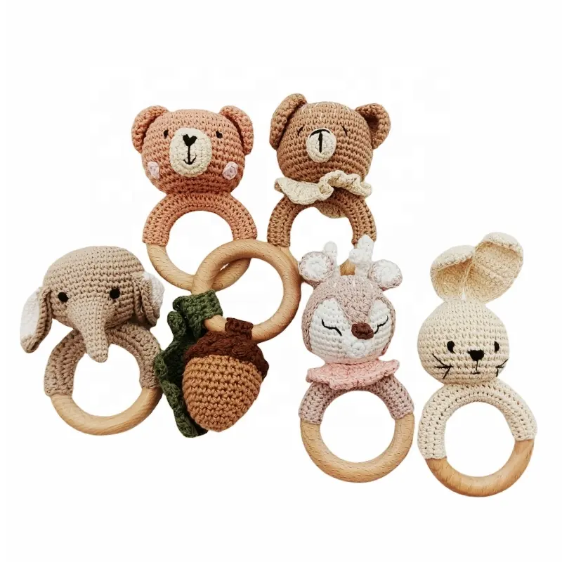 Unisex Newborn Gift Baby Wooden Toy Crochet Toys Cartoon Bunny Teether Rattle Toys Pastel Bunny Crochet Handmade for Kids