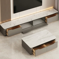 Table basse et meuble TV en bois massif avec plateau en quartz gris foncé à bords incurvés, style moderne et luxueux, pour salon, compatible avec les téléviseurs de 65 pouces et plus
