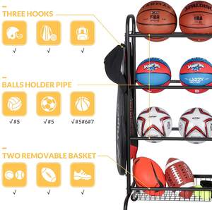Chariot <span class=keywords><strong>de</strong></span> rangement pour ballons <span class=keywords><strong>de</strong></span> sport, <span class=keywords><strong>panier</strong></span> <span class=keywords><strong>de</strong></span> <span class=keywords><strong>basket</strong></span>-ball, support à ballons à trois niveaux avec deux paniers en métal pour le rangement dans le garage - Product Image 4