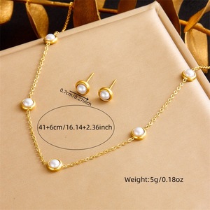 European American Fashion Pearl Jewelry <b>Set</b> Gold Chain Round Bezel Setting Women's Everyday Wear Necklace <b>Bracelet</b> Earrings - Product Image 4