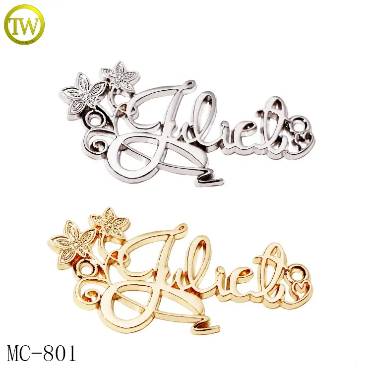 Custom hollow letter sewing metal tags garment brand logo metal label embossed accessory metal gold plate for dress