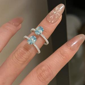 Bague en argent pur S925, bleu mer clair, diamant ovale en forme d'œuf de pigeon, bague en diamant coloré, brillant - Product Image 2