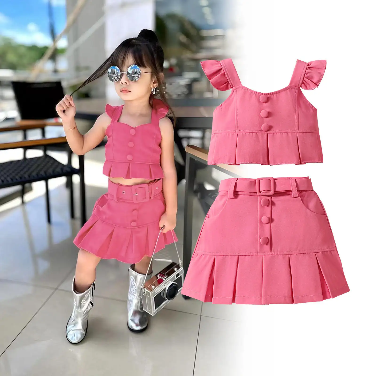 韓国風キッズガール服ソリッドフリルノースリーブスリング夏の幼児服セット赤ちゃんの女の子のための休日の衣装2-7Tピンク