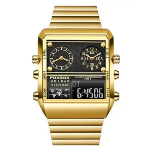 FOXBOX 0011ที่ไม่ซ้ำกันทองผู้ชายนาฬิกาดิจิตอลอำนาจที่ดีที่สุดสแตนเลสวง3หน้าปัดคู่ขนาดใหญ่กีฬานาฬิกาโรงงาน