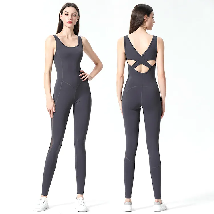 Womens Sexy Slim Fit U Hals Bodysuit Fitness Romper Kleding Kriskras Terug Jumpsuit Mouwloze Een-Stukken Antenne Yoga Pak