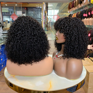 Perruque courte en cheveux humains super double tirés en gros, 14 pouces, couleur naturelle, frange bouclée pixie, perruques courtes - Product Image 1