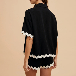 ชุดเสื้อสองชิ้นสำหรับผู้หญิง<span class=keywords><strong>เสื้อ</strong></span>ลำลองขอบ<span class=keywords><strong>หยัก</strong></span>ชุดเสื้อและแขนสั้นออกแบบได้ตามต้องการสำหรับฤดูร้อน - Product Image 6