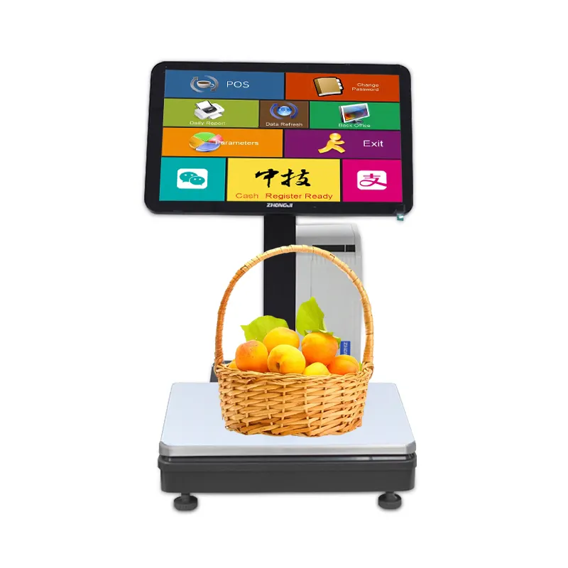Zj Ls10 süpermarket tüm, bir 15.6 inç çift dokunmatik ekran tartı bilet etiket baskı taze gıda pazarı için Pos ölçek/