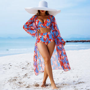 Conjunto de Bikini de 3 Piezas con Push-Up y Estampado Floral para Mujer, RUIQUWIN, Sexy, de Cintura Alta, Triangular, Decorado con Malla, para Vacaciones de Verano en la Playa - Product Image 4