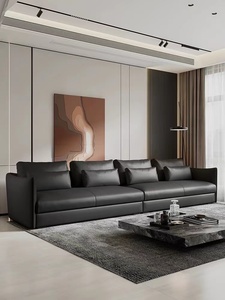 Italian Minimalist Black Jungle Leather Sofa with Top Layer Cowhide <strong>Living</strong> <strong>Room</strong> <strong>Corner</strong> Small <strong>Unit</strong> Down Row Sofa - Product Image 3