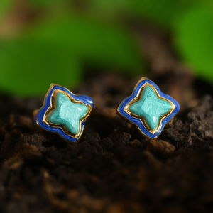 Fashion <b>Stud</b> <b>Earrings</b> 316L Stainless Steel PVD Gold Plating Sustainable Resistant <b>Blue</b> Green Enamel Design - Product Image 3