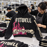 Sweat à capuche oversize personnalisé délavé à l'acide avec motif tête de mort et flammes en strass, style streetwear, pour marques de mode en marque blanche