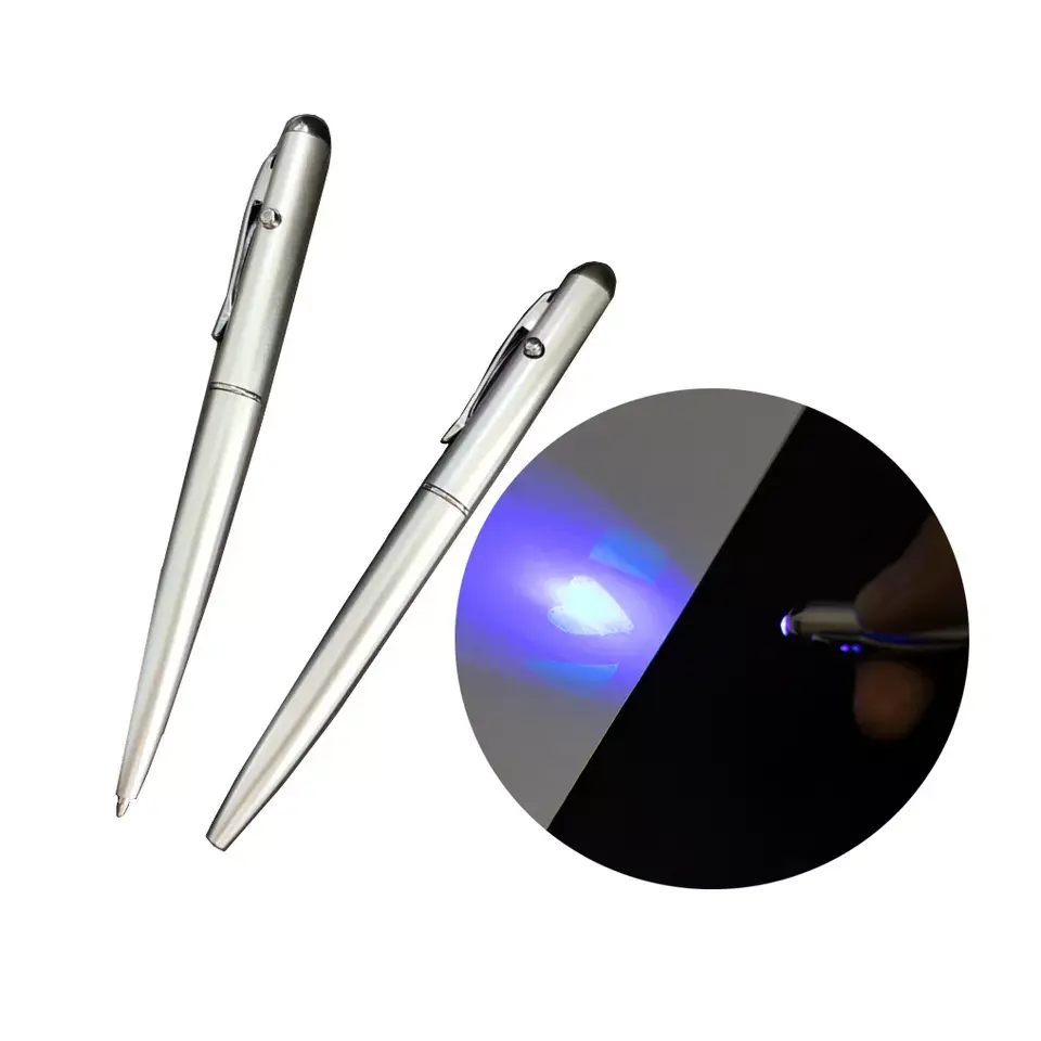 silver pen body magic pen, custom logo Black Light up Ballpoint Pen UV Ink with Light Magic Invisible Writing uv marker