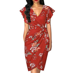 <span class=keywords><strong>Robe</strong></span> moulante élégante pour femme à col en V et manches à volants, couleur unie ou imprimé floral, coupe ajustée, longueur midi, idéale pour les fêtes, le bureau ou le quotidien - Product Image 1