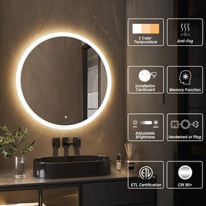 Miroir de salle de bain rond Lumina 36 pouces avec éclairage LED, rétroéclairage 3D, 3 températures de couleur, anti-buée, luminosité réglable, mémoire - Product Image 6
