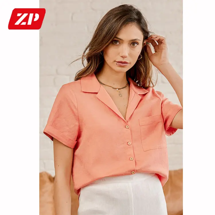 2021 Women's Sexy 100% linen cotton plain shirt top summer short Sleeve women button blouse tops shirt