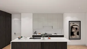 Unidades modulares Revestimiento en polvo Acabado Gabinete de cocina de acero inoxidable Diseño inteligente para muebles de hogar y cocina