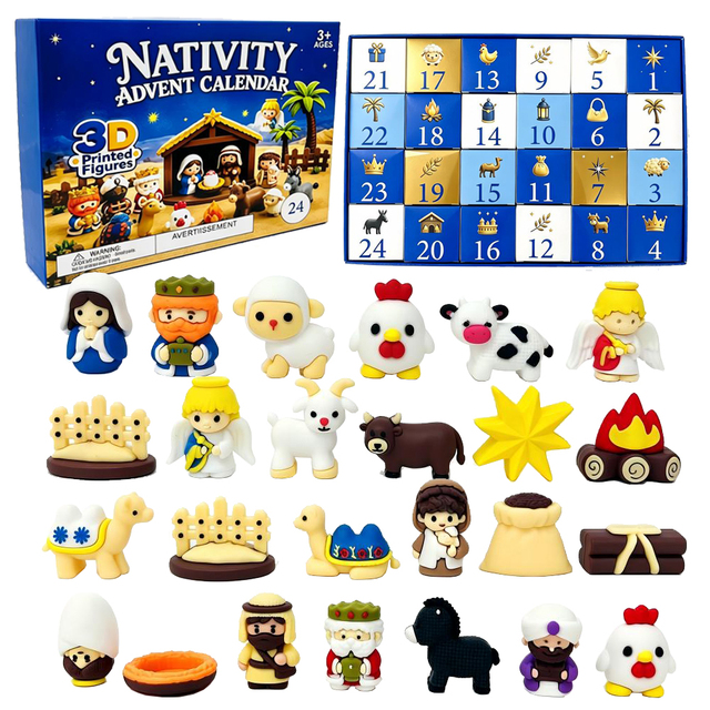 USA Warehouse 24 Days Christmas Countdown Nativity Advent Calendar with 3D Printed Figures and Blind Box for Christmas Gifts