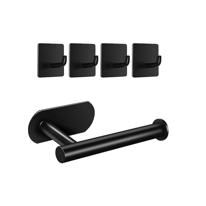 Ganchos de toalla de baño autoadhesivos, soporte de rollo de papel higiénico, color negro