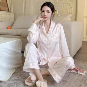 Ensemble <span class=keywords><strong>de</strong></span> pyjama chic en soie <span class=keywords><strong>de</strong></span> <span class=keywords><strong>neige</strong></span> <span class=keywords><strong>pour</strong></span> femme, motif nœud <span class=keywords><strong>de</strong></span> dessin animé, manches longues, collection printemps-automne - Product Image 1