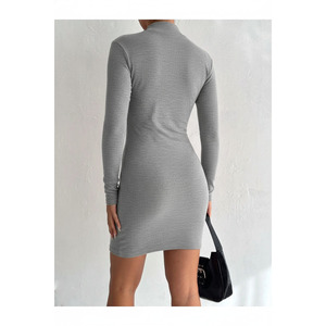 Women's <b>Elastic</b> Ribbed Stand-Up Collar Long Sleeve Midi <b>Dress</b> 90 Cm Office Wear - Product Image 4