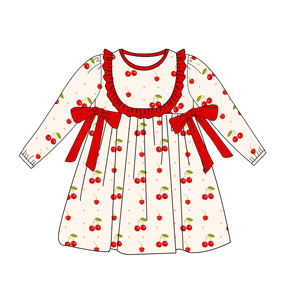 Custom ODM Manufacturer Summer Cute Cherry Printed <strong>Children's</strong> Casual Girl Smocked Bishop <strong>Dress</strong> Long Sleeve O-Neck Girls <strong>Dress</strong> - Product Image 2