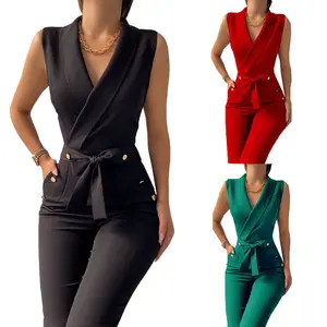 Pakaian kerja kantor wanita, baju terusan satu potong gaya bisnis Ins leher V Solid bertali tanpa lengan