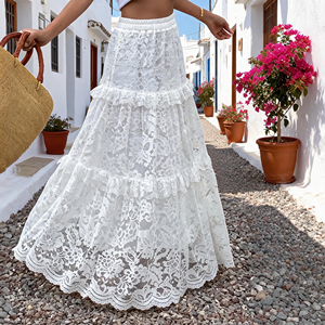 Elegante Gonna Lunga <span class=keywords><strong>Bianca</strong></span> in Pizzo con Balze a Strati e Vita Elastica per Donna, Ideale per Vacanze Estive e Feste in <span class=keywords><strong>Spiaggia</strong></span>, Personalizzabile e Disponibile all'Ingrosso - Product Image 2