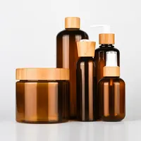 Pacote cosmético conjunto de frasco de creme 250ml, frasco de plástico fosco 60ml 120ml 250ml 500ml âmbar com bomba de loção em spray, tampa de bambu