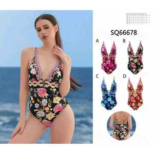 Costume da bagno floreale da donna due pezzi, bikini estivo da spiaggia con top a fascia e slip a vita alta con laccetti laterali, all'ingrosso 66678 - Product Image 1