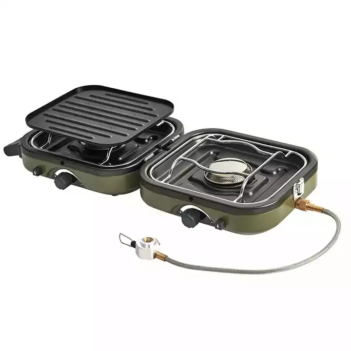 Vente en gros Réchaud de camping portable pliable à double brûleur Pique-nique en plein air Batterie de cuisine pour camping Cuisinière à gaz