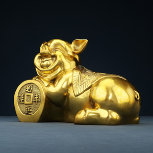 Copper World Brass Lucky Pig Figurine Handmade Yellow Big Sleeping For Home Office Decoration Chinese New Year Gift - Product Image 1