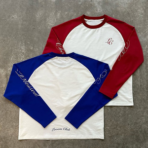 Maillot de baseball brodé personnalisé à manches longues blanc et rouge, col ras du cou raglan, t-shirt décontracté pour homme 100 % coton coupe classique - Product Image 5