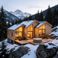 Cabane préfabriquée modulaire, mini-maison à toit à trois pignons en bois avec bain à remous, chalet de vacances pour station de ski en montagne