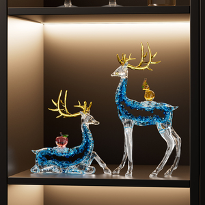 Figurines de cerf en verre cristal porte-bonheur, lot de 2, avec bois de cerf dorés, pour meuble TV de salon, cadeau de pendaison de crémaillère - Product Image 1
